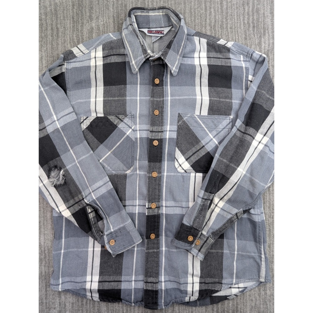 VTG Big Mac Shirt Men's L Gray Blue Plaid Button Up JC Penney Made In USA READ